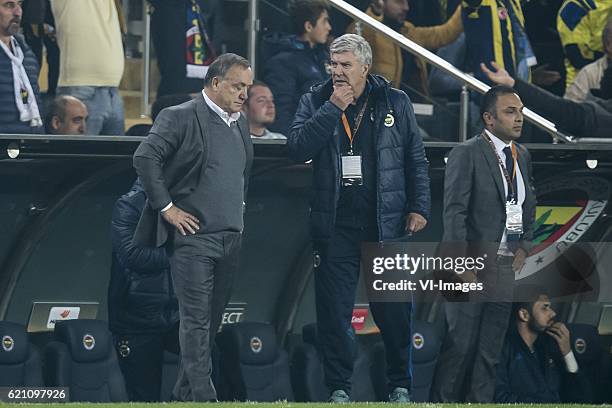 Coach Dick Advocaat of Fenerbahce, assistent trainer Cor Pot of Fenerbahceuring the UEFA Europa Leaguegroup A match between Fenerbahce and Manchester...