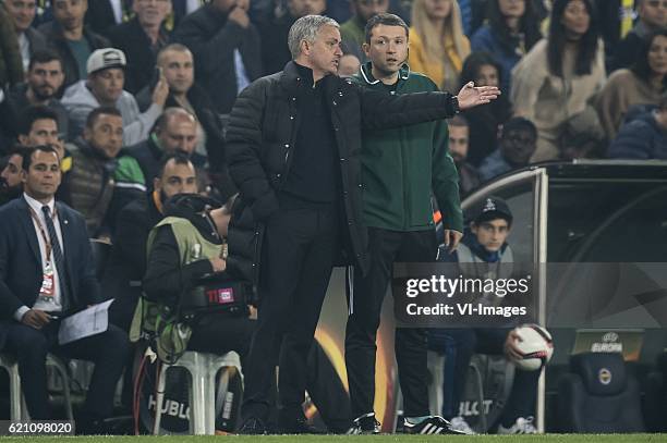 Coach Jose Mourinho of Manchester United FC with the 4th official Nemanja Petrovicuring the UEFA Europa Leaguegroup A match between Fenerbahce and...