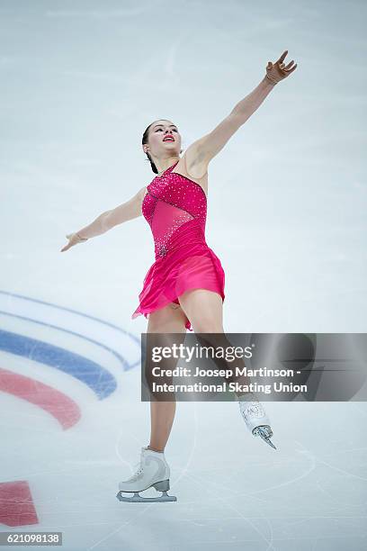 Angelina Kuchvalska of Latvia competes during Ladies Short Program on day one of the Rostelecom Cup ISU Grand Prix of Figure Skating at Megasport Ice...