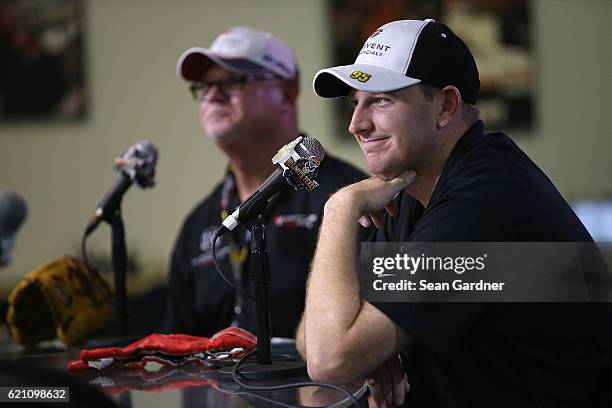Michael McDowell, driver of the Thrivent Financial Chevrolet, and former Major League Baseball player Jim Morris speak to the media during a press...