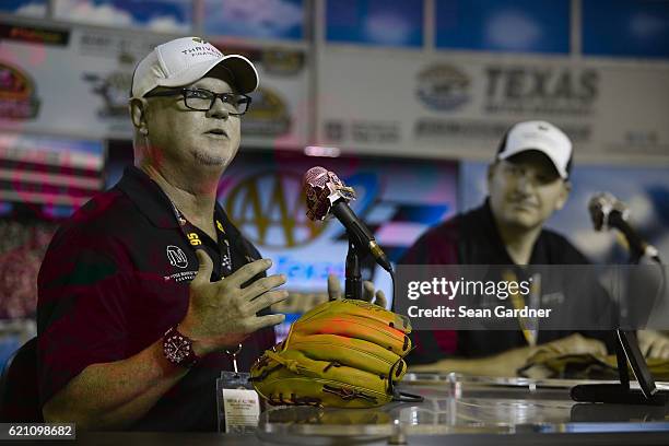 Former Major League Baseball player Jim Morris and Michael McDowell, driver of the Thrivent Financial Chevrolet, speak to the media during a press...