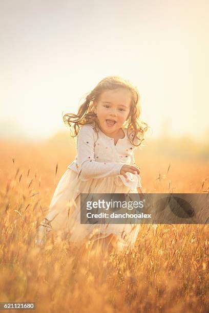 schöne kleine mädchen im freien auf den feldern laufen - blurred running sunset stock-fotos und bilder