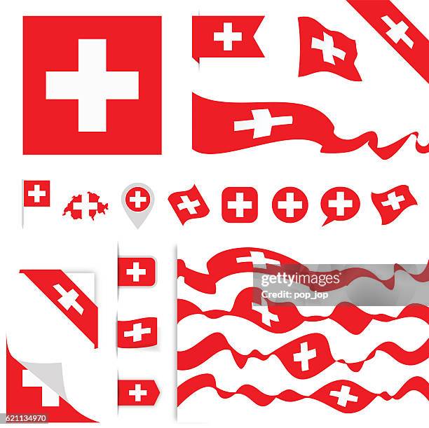 schweiz flaggenset - schweizer flagge stock-grafiken, -clipart, -cartoons und -symbole