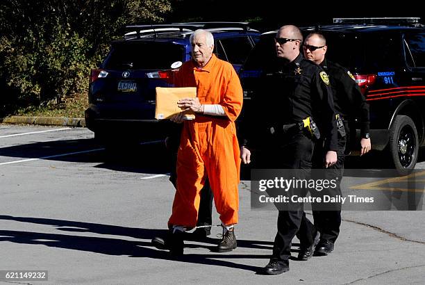 Jerry Sandusky arrives at the Centre County Courthouse, where he is seeking a new trial, on Friday, Nov. 4, 2016 in Bellefonte, PA.