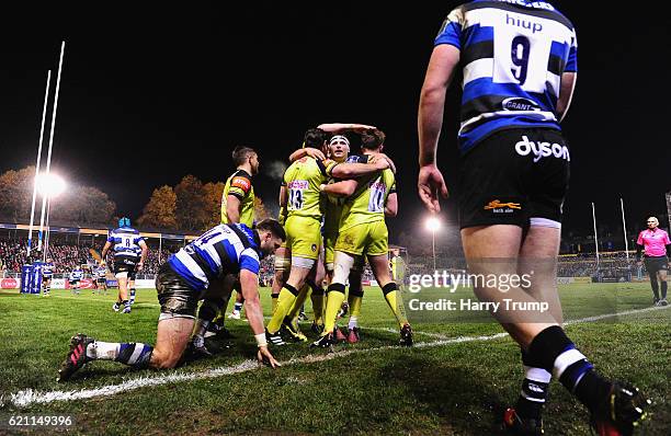 George Catchpole of Leicester Tigers scores and celebrates his sides second try during the Anglo-Welsh Cup match between Bath Rugby and Leicester...