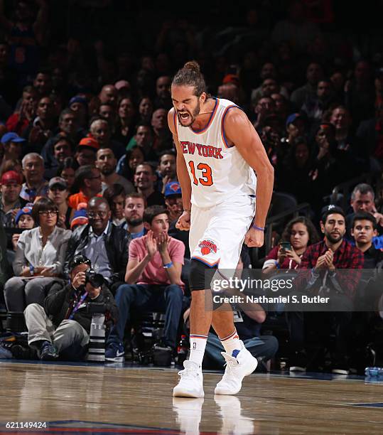 Joakim Noah of the New York Knicks yells and shows emotion during the game against the Memphis Grizzlies on October 29, 2016 at Madison Square Garden...