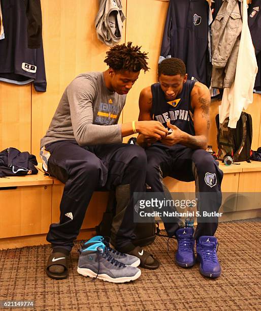 Deyonta Davis and Troy Williams of the Memphis Grizzlies get ready before the game against the New York Knicks on October 29, 2016 at Madison Square...
