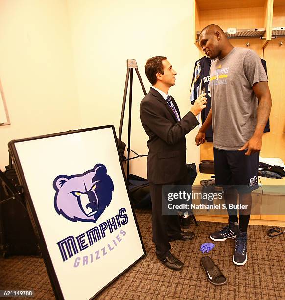 Zach Randolph of the Memphis Grizzlies talks to the media before the game against the New York Knicks on October 29, 2016 at Madison Square Garden in...