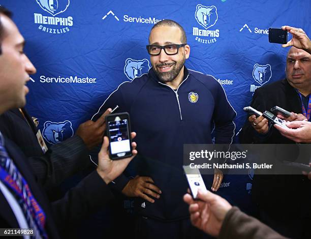 David Fizdale of the Memphis Grizzlies talks to the media before the game against the New York Knicks on October 29, 2016 at Madison Square Garden in...