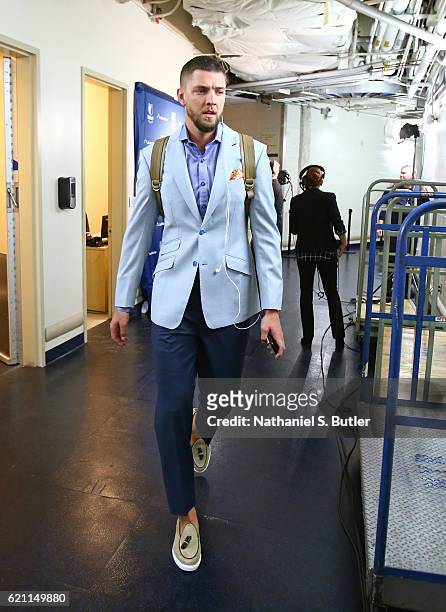 Chandler Parsons of the Memphis Grizzlies arrives at the arena before the game against the New York Knicks on October 29, 2016 at Madison Square...