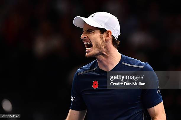 Andy Murray of Great Britain reacts during the Mens Singles quarter final match against Tomas Berdych of the Czech Republic on day five of the BNP...