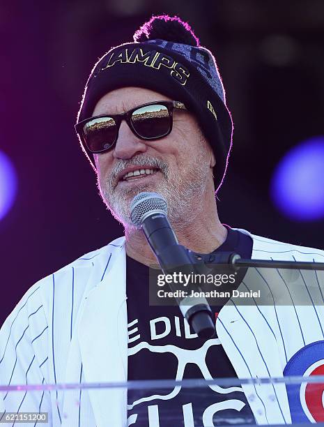 Manager Joe Maddon of the Chicago Cubs speakds to the crowd during the Chicago Cubs victory celebration in Grant Park on November 4, 2016 in Chicago,...