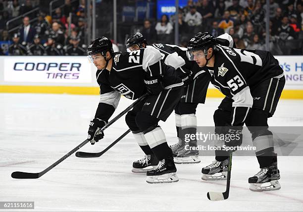 Los Angeles Kings Right Wing Dustin Brown , Los Angeles Kings Right Wing Devin Setoguchi and Los Angeles Kings Defenceman Kevin Gravel prepare for...