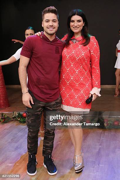William Valdes and Laura Pausini are seen on the set of "Despierta America" at Univision Studios on November 4, 2016 in Miami, Florida.