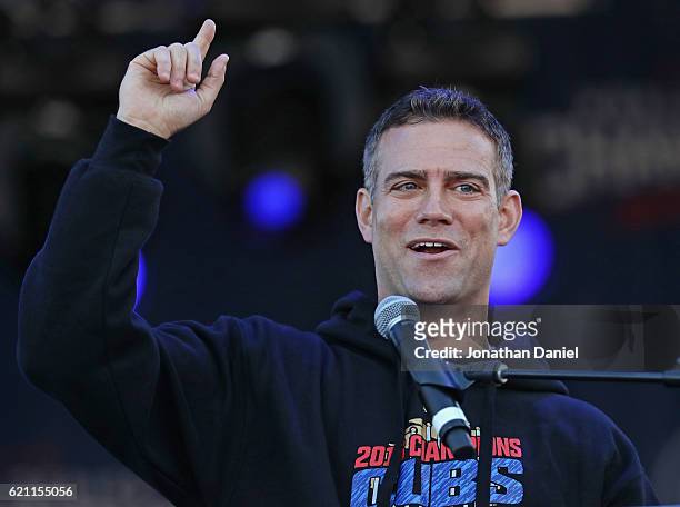 President Theo Epstein of the Chicago Cubs speaks to the crowd during the Chicago Cubs victory celebration in Grant Park on November 4, 2016 in...