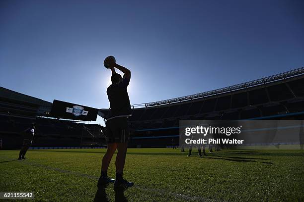 Dane Coles of the New Zealand All Blacks throws the ball into the lineout during the All Blacks captains run at Soldier Field on November 3, 2016 in...