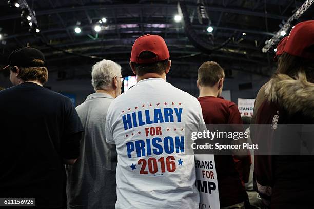 Supporters wait for Donald Trump to speak at a rally on November 4, 2016 in Hershey, Pennsylvania. Days before the presidential election, both...