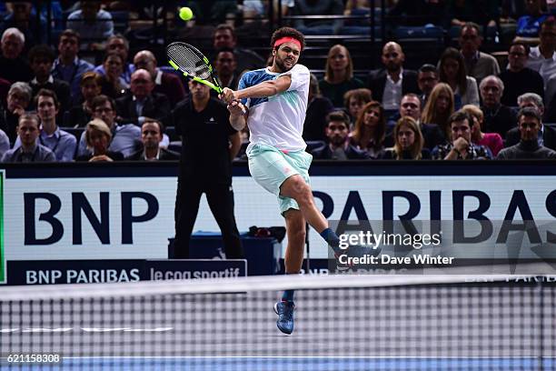 Jo Wilfried Tsonga of France during the Mens Singles quarter final match on day five of the BNP Paribas Masters at Hotel Accor Arena Bercy on...