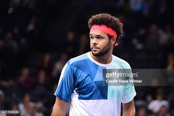 Jo Wilfried Tsonga of France during the Mens Singles quarter final match on day five of the BNP Paribas Masters at Hotel Accor Arena Bercy on...