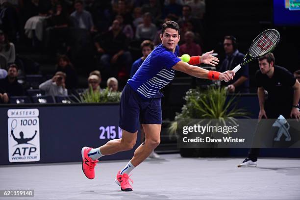 Milos Raonic of Canada during the Mens Singles quarter final match on day five of the BNP Paribas Masters at Hotel Accor Arena Bercy on November 4,...