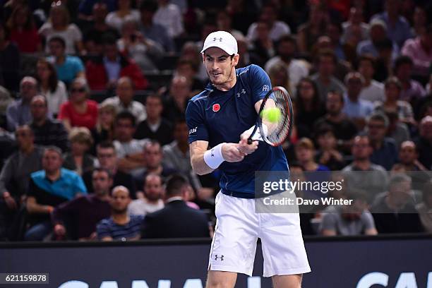Andy Murray of Great Britain during the Mens Singles quarter final match on day five of the BNP Paribas Masters at Hotel Accor Arena Bercy on...