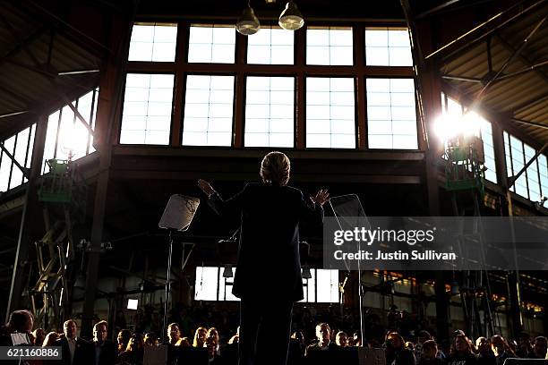 Democratic presidential nominee former Secretary of State Hillary Clinton speaks during a campaign rally at Eastern Market on November 4, 2016 in...
