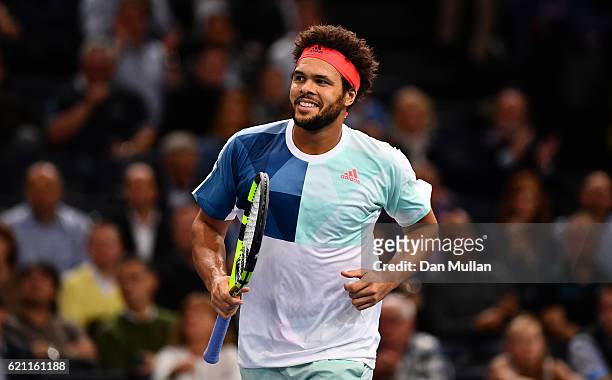 Jo-Wilfried Tsonga of France looks on during the Mens Singles quarter final match against Milos Raonic of Canada on day five of the BNP Paribas...