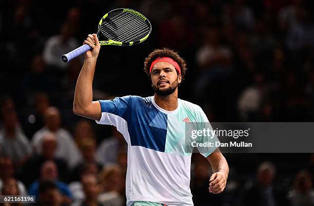 Jo-Wilfried Tsonga of France reacts during the Mens Singles quarter final match against Milos Raonic of Canada on day five of the BNP Paribas Masters...