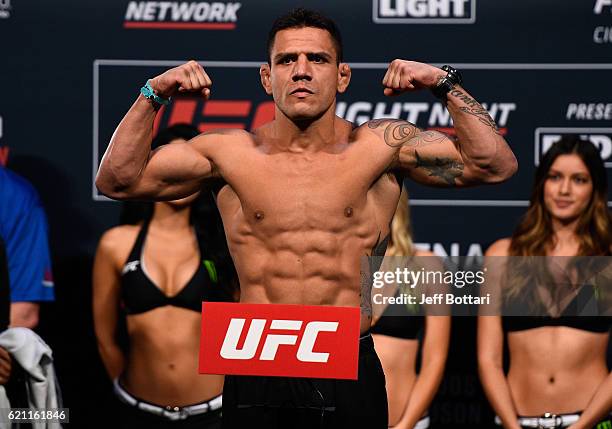 Rafael dos Anjos of Brazil steps onto the scale during the UFC weigh-in at the Arena Ciudad de Mexico on November 4, 2016 in Mexico City, Mexico.