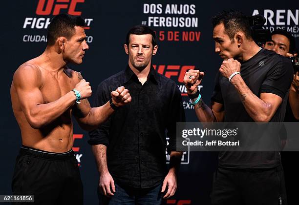 Rafael dos Anjos of Brazil and Tony Ferguson of the United States face off during the UFC weigh-in at the Arena Ciudad de Mexico on November 4, 2016...