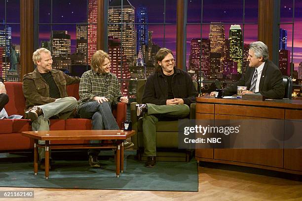 Episode 2493 -- Pictured: Musicians Shawn Mullins, Pete Droge, and Matthew Sweet of The Thorns during an interview with host Jay Leno on May 20, 2003...