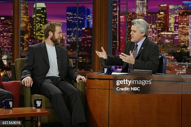 Episode 2496 -- Pictured: Professional hockey player Jean-Sebastien Giguere during an interview with host Jay Leno on May 23, 2003 --