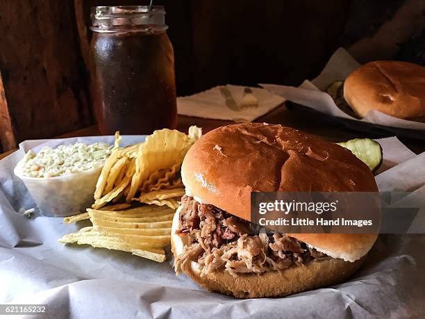 pulled pork barbeque - bbq sandwich stock pictures, royalty-free photos & images