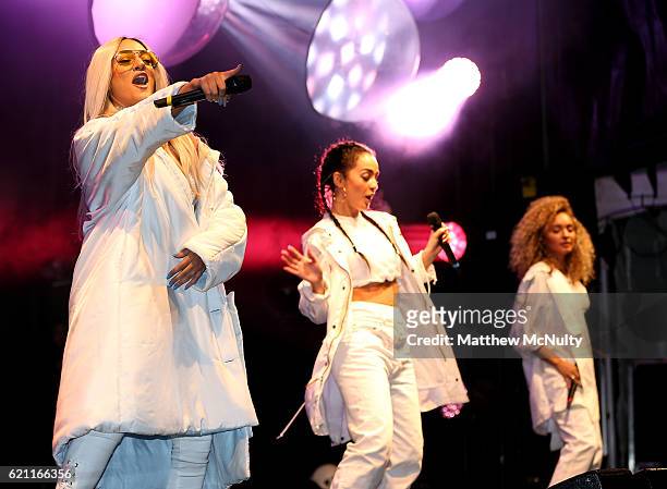 Nadine Samuels, Annie Ashcroft and Frankee Connolly of M.O perform at the Manchester Christmas Lights Switch On event on November 4, 2016 in...