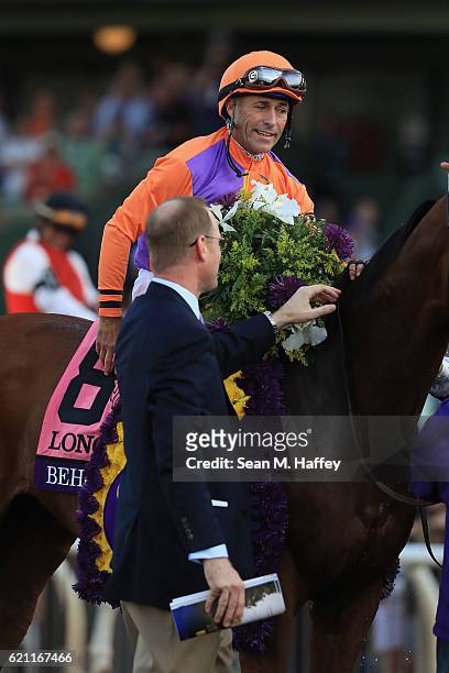 Jockey Gary Stevens riding Beholder celebrates after winning in the Longines Breeders' Cup Distaff during day one of the 2016 Breeders' Cup World...