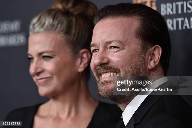 Actor Ricky Gervais and Jane Fallon arrive at the 2016 AMD British Academy Britannia Awards presented by Jaguar Land Rover and American Airlines at...