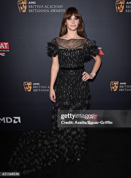 Actress Felicity Jones arrives at the 2016 AMD British Academy Britannia Awards presented by Jaguar Land Rover and American Airlines at The Beverly...