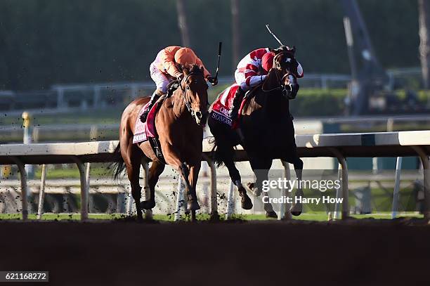 Jockey Gary Stevens aboard Beholder races alongside jockey Mike Smith aboard Songbird to the finish line in the Longines Breeders' Cup Distaff during...