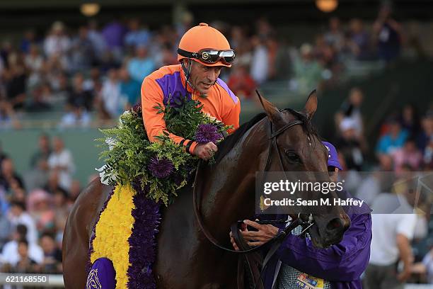 Jockey Gary Stevens riding Beholder celebrates after winning in the Longines Breeders' Cup Distaff during day one of the 2016 Breeders' Cup World...