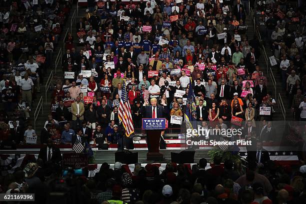 Donald Trump speaks at a rally on November 4, 2016 in Hershey, Pennsylvania. As both Hillary Clinton and Donald Trump make their final pitches to the...