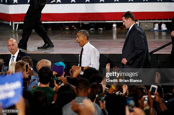 President Barack Obama speaks during a campaign rally in support of Democratic presidential candidate Hillary Clinton on November 4, 2016 at the PNC...