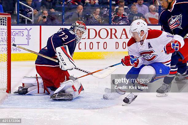 Sergei Bobrovsky of the Columbus Blue Jackets stops a shot from Brendan Gallagher of the Montreal Canadiens during the third period on November 4,...