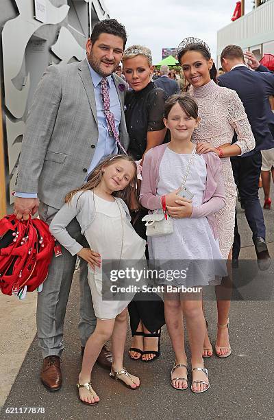 Brendan Fevola, Alex Fevola and their children Mia Fevola, Leni Fevola and Lulu Fevola attend on Stakes Day at Flemington Racecourse on November 5,...