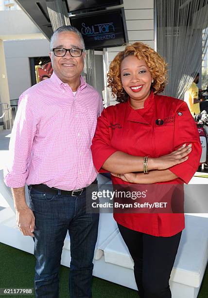 S Allen Seaford and Chef Huda attend "Soul Lunch & Greens: A Charity Golf Experience" at Top Golf at MGM Grand Hotel & Casino during Soul Train...