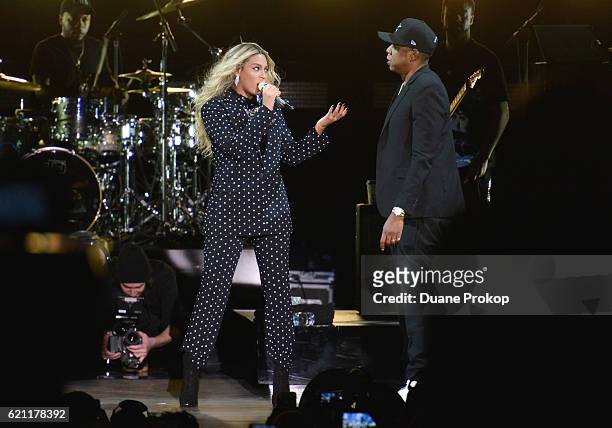 Beyonce and and Jay Z perform on stage during a Get Out The Vote concert in support of Hillary Clinton at Wolstein Center on November 4, 2016 in...