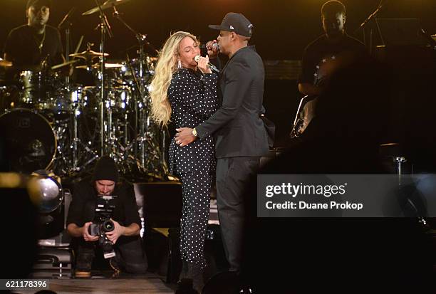 Beyonce and and Jay Z perform on stage during a Get Out The Vote concert in support of Hillary Clinton at Wolstein Center on November 4, 2016 in...