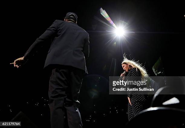 Recording artists Beyonce and Jay Z perform during a Get Out The Vote concert for Democratic presidential nominee Hillary Clinton at Wolstein Center...