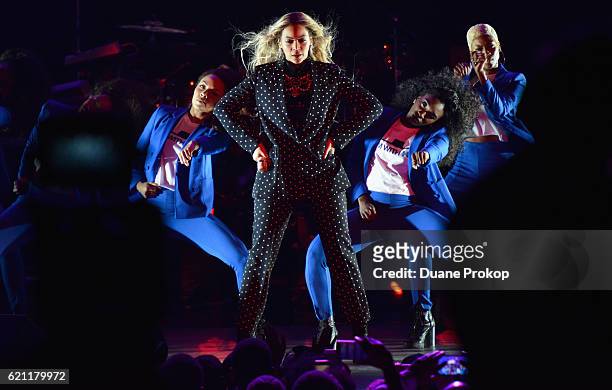 Beyonce performs on stage during a Get Out The Vote concert in support of Hillary Clinton at Wolstein Center in Cleveland, Ohio on November 4, 2016...