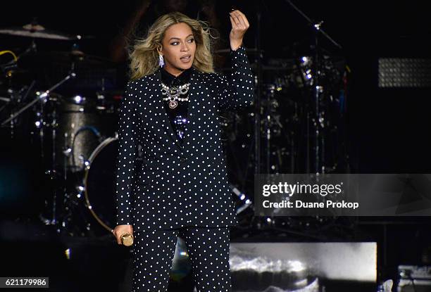 Beyonce performs on stage during a Get Out The Vote concert in support of Hillary Clinton at Wolstein Center in Cleveland, Ohio on November 4, 2016...