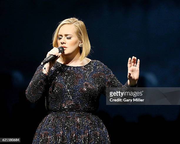 Adele performs in concert at The Frank Erwin Center on November 4, 2016 in Austin, Texas.
